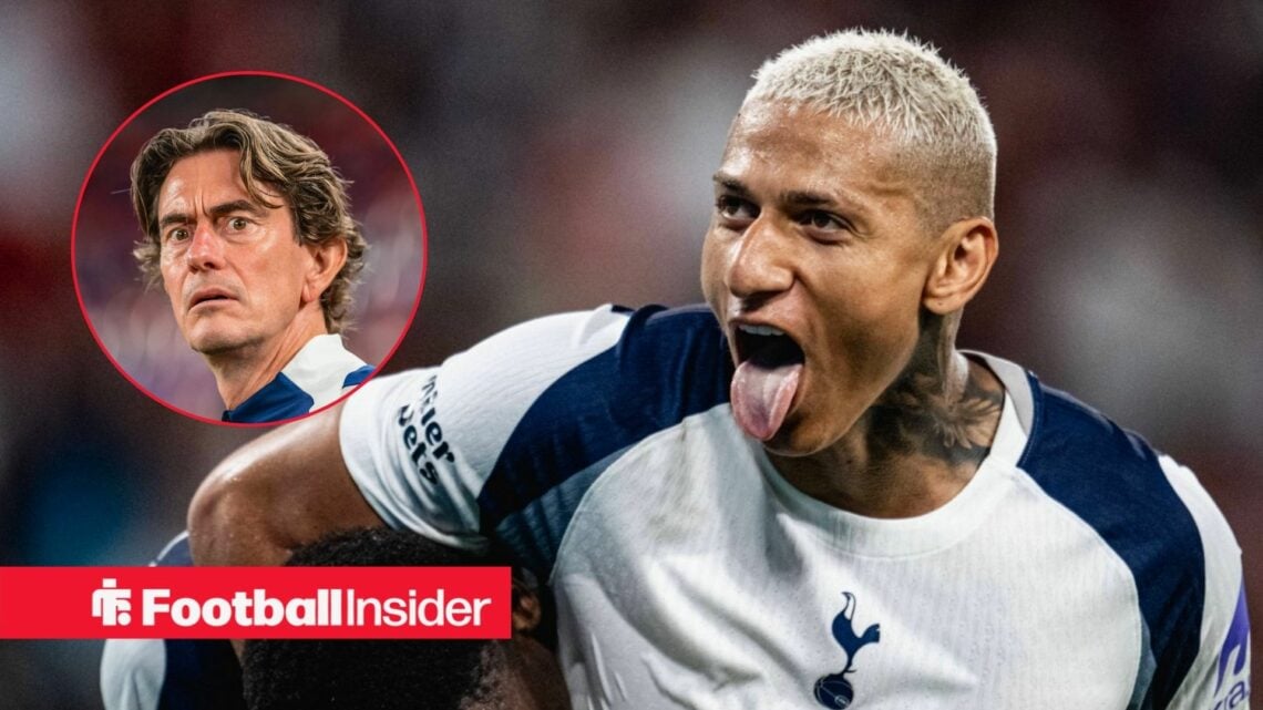 Thomas Frank looking scared with Richarlison with his tongue out for Tottenham