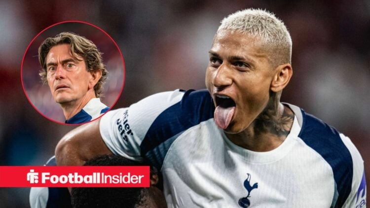 Thomas Frank looking scared with Richarlison with his tongue out for Tottenham