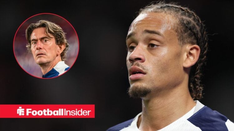 Thomas Frank looking shocked on the left with Xavi Simons looking nervous for Tottenham on the right