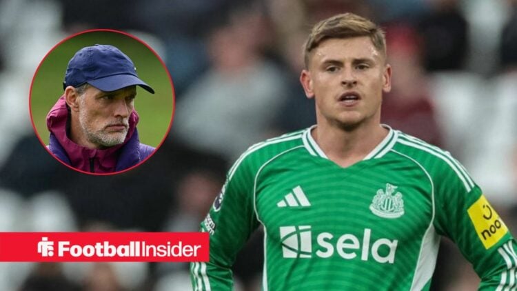 Thomas Tuchel looking serious on the left with Harvey Barnes focused on the right