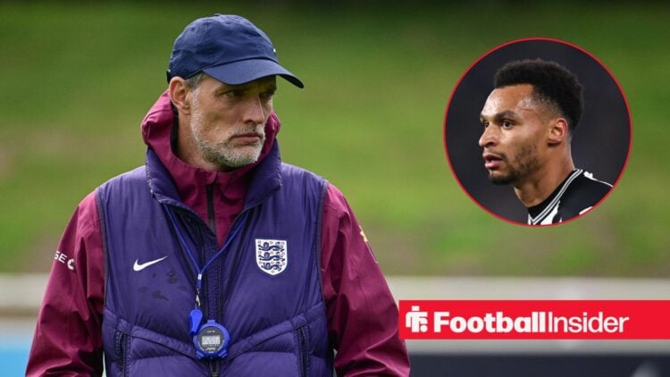 Thomas Tuchel looking serious on the left for England with Jacob Murphy focused on the right