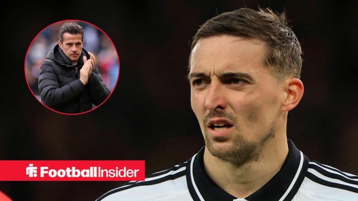 Timothy Castagne playing for Fulham, Marco Silva in a circular inset