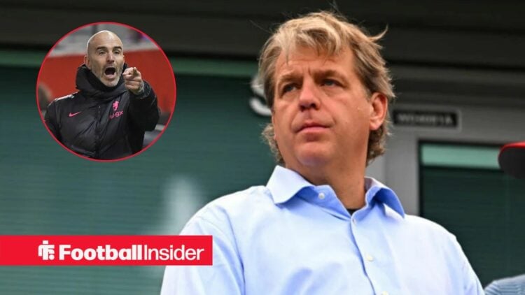 Todd Boehly looking serious with Enzo Maresca included in a circular inset