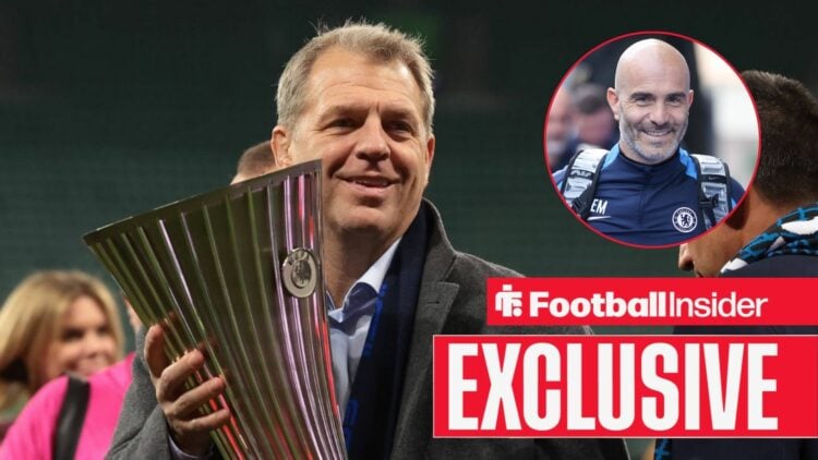 Todd Boehly with the Conference League trophy with Enzo Maresca included in a circular inset