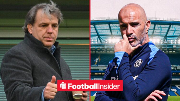 Todd Boehly giving a thumbs up alongside Enzo Maresca with his hand on his chin