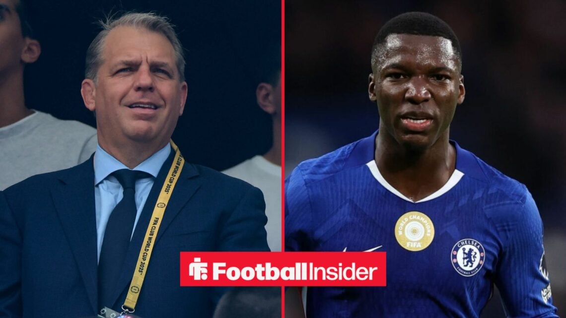 Todd Boehly looking confused alongside Moises Caicedo in a Chelsea shirt