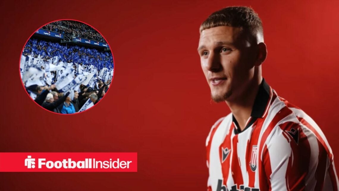 Tottenham fans on the left with Jamie Donley speaking on the right