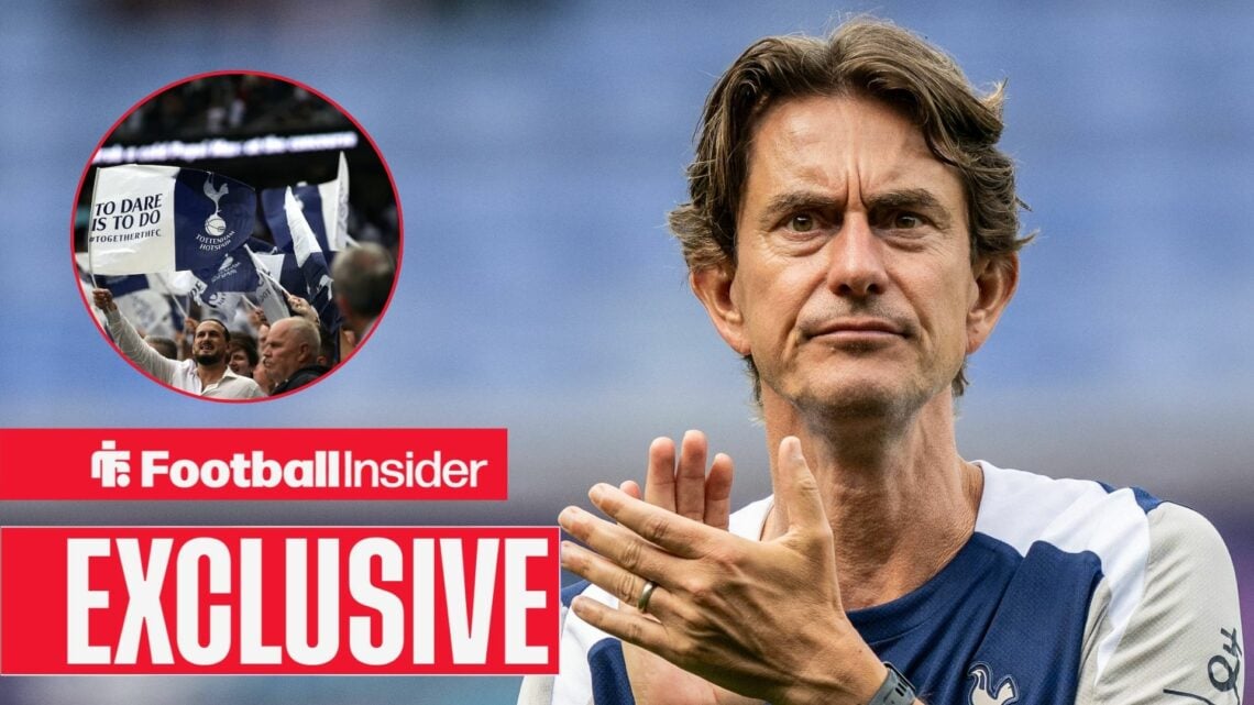 Tottenham fans on the left with Thomas Frank clapping on the right