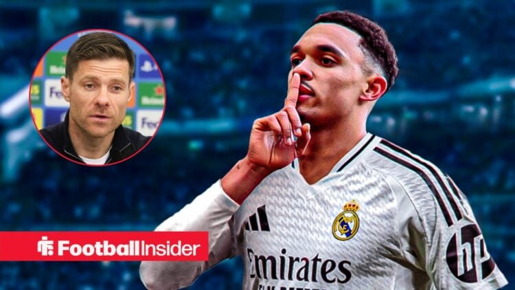 Trent Alexander-Arnold shushing in a Real Madrid shirt, with Xabi Alonso in a circular inset
