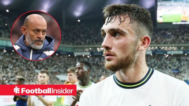 Troy Parrott in a Tottenham shirt, with West Ham boss Nuno Espirito Santo in a circular inset