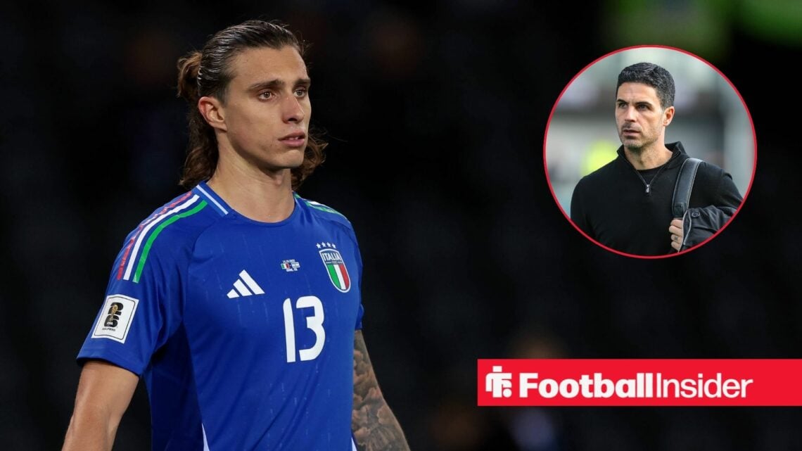 Riccardo Calafiori in an Italy shirt with Arsenal boss Mikel Arteta inset