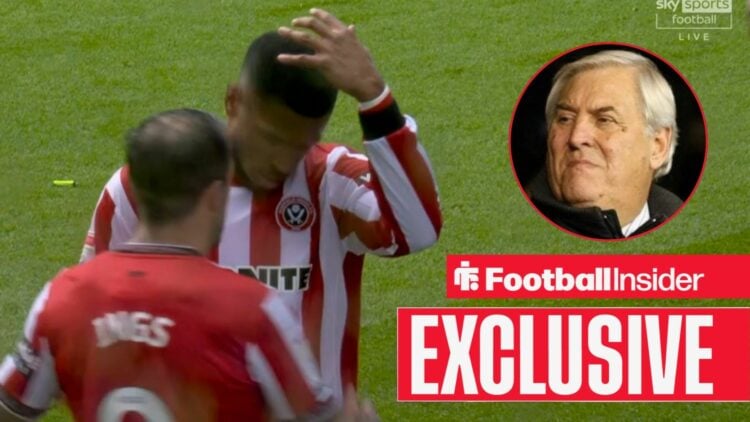 Football Insider exclusive as Sheffield United striker Tyrese Campbell clutches his head after scoring a goal, while ex-FIFA referee Keith Hackett ...