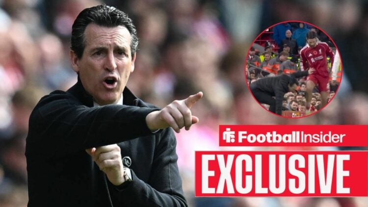 Unai Emery on the sidelines, Aston Villa boss and Dominik Szoboszlai clashing in a circular inset