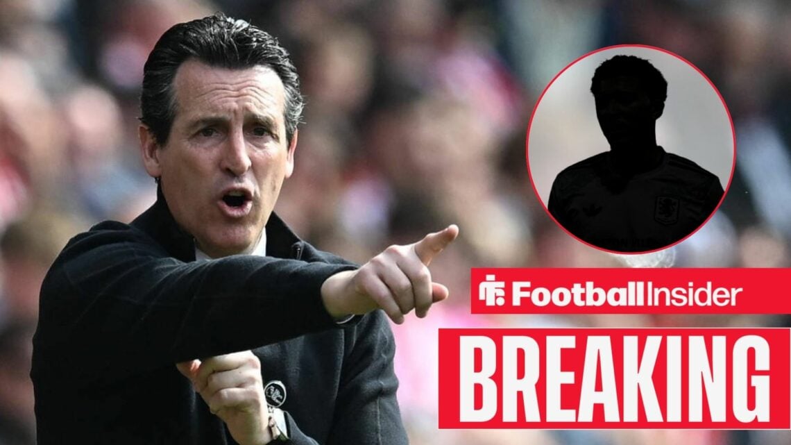 Unai Emery shouting on the touchlines, Jadon Sancho's silhouette in a circular inset