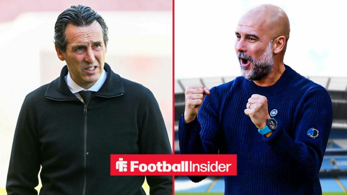 Unai Emery looking concerned alongside Pep Guardiola celebrating