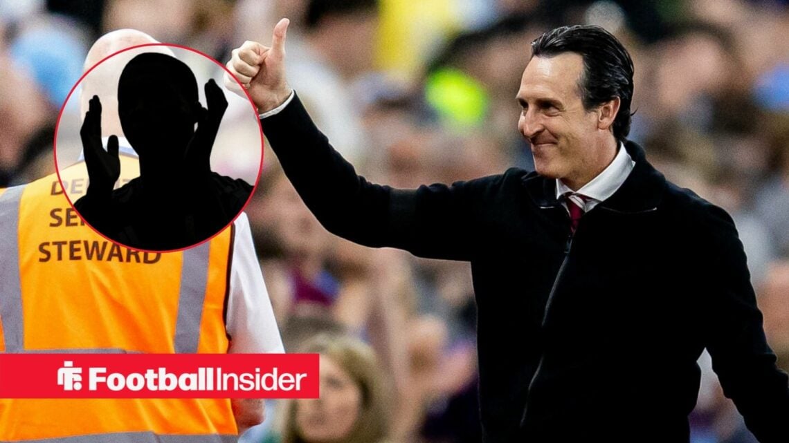 Unai Emery smiling, Youri Tielemans' silhouette in a circular inset