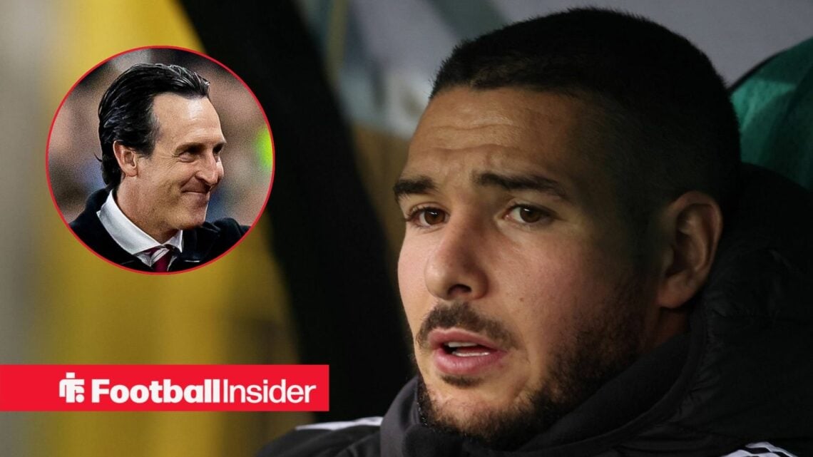 Unai Emery smiling on the left with Emiliano Buendia focused on the right