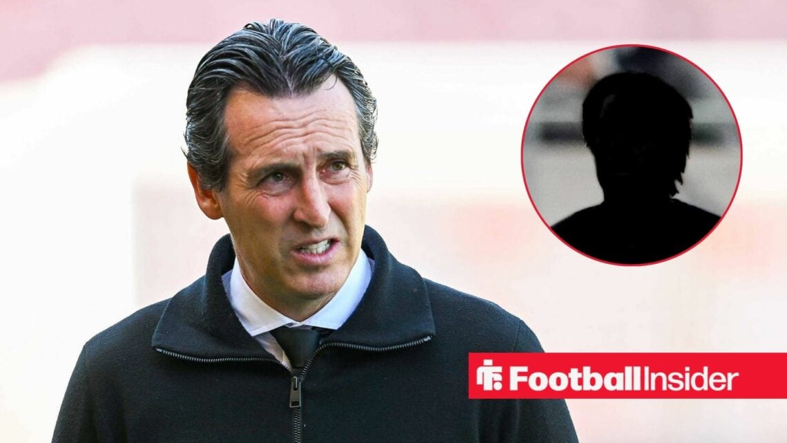 Unai Emery grimacing on the left for Aston Villa with Evann Guessand's silhouette on the right