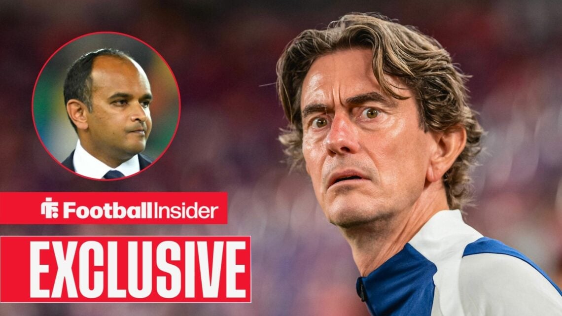 Vinai Venkatesham looking serious on the left and Thomas Frank shocked on the right for Tottenham