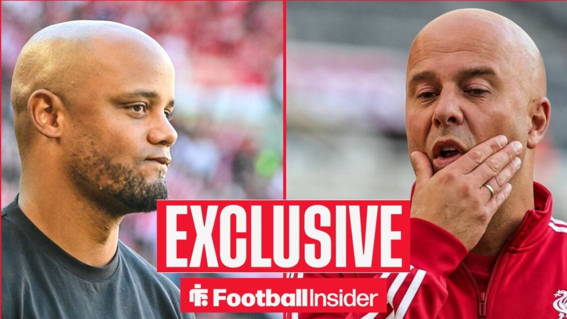 Vincent Kompany looking serious on the left with Arne Slot with his hand to his face on the right