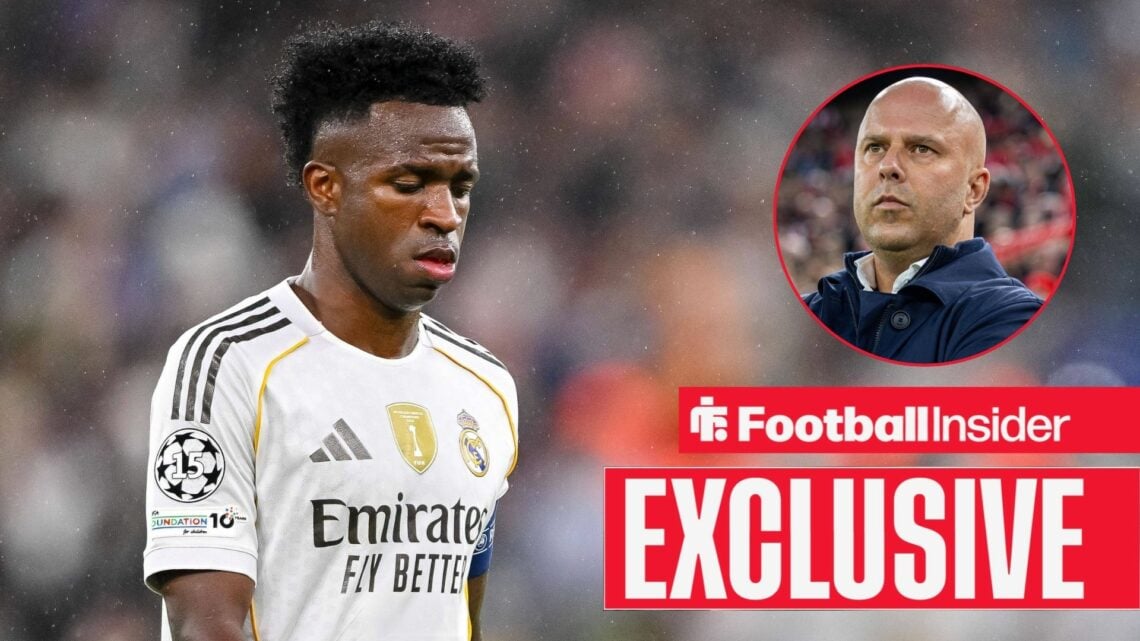 Vinicius Junior next to a circular inset of Arne Slot