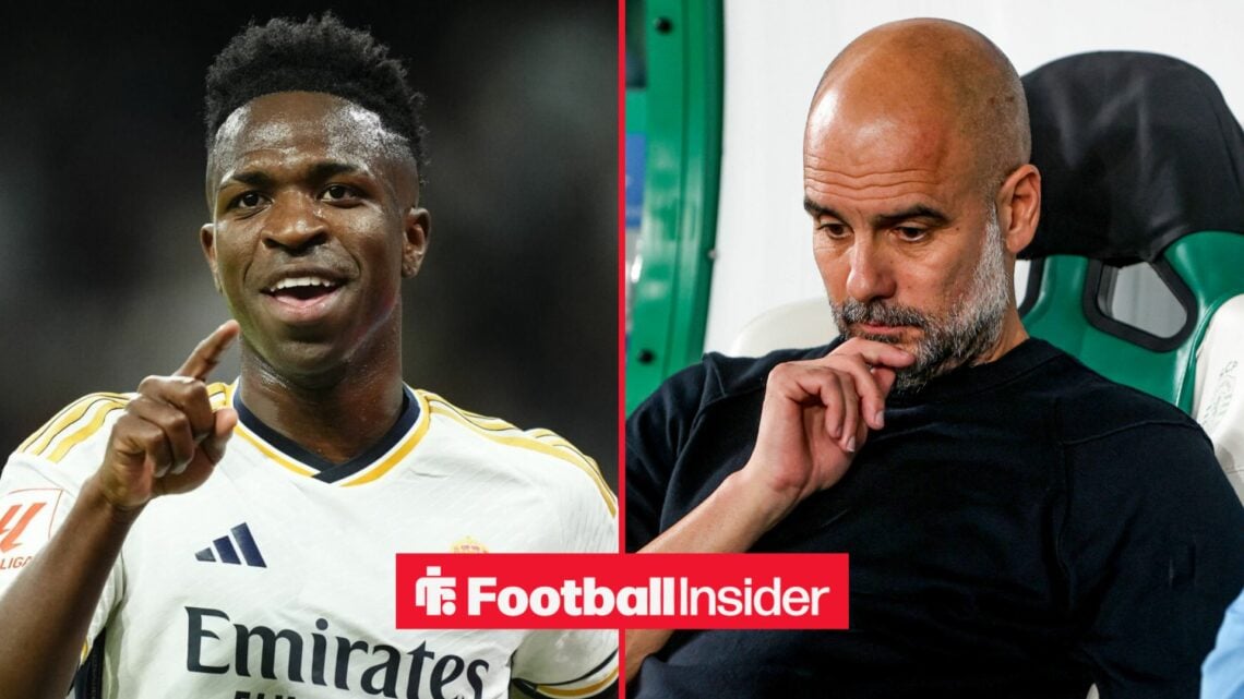 Vinicius Junior in a Real Madrid shirt alongside Pep Guardiola with his hand on his chin
