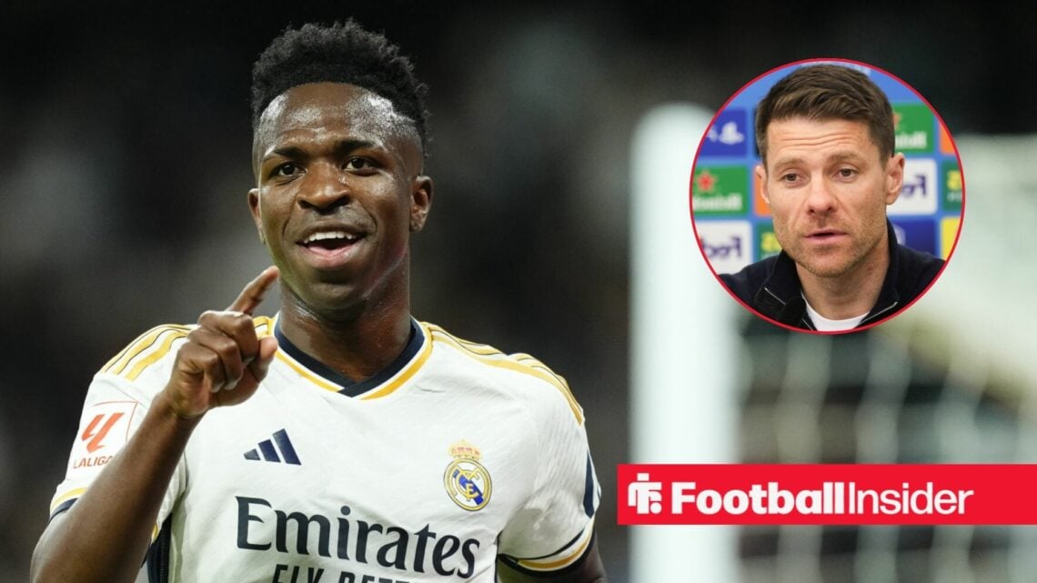 Vinicius Junior in action for Real Madrid, with Xabi Alonso in a circular inset