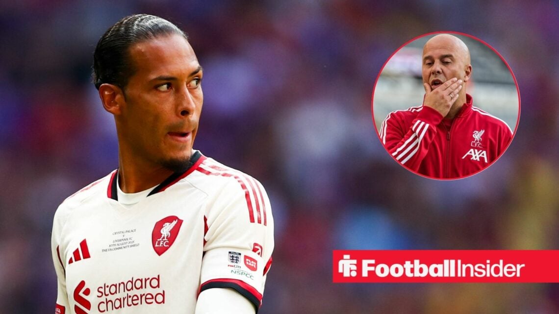 Virgil van Dijk in a Liverpool shirt, Arne Slot in a circular inset