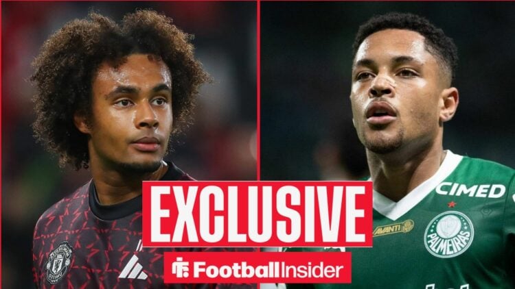 Joshua Zirkzee looking focused on the left for Man United and Vitor Roque looking ice cold on the right