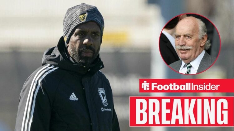 Breaking news as Columbus Crew manager Wilfried Nancy looks concerned as Celtic owner Dermot Desmond features in a circular inset.