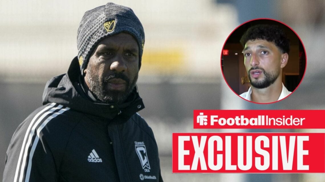 Wilfried Nancy looking focused on the left in Columbus Crew tracksuit top with Wessam Abou Ali talking on the right