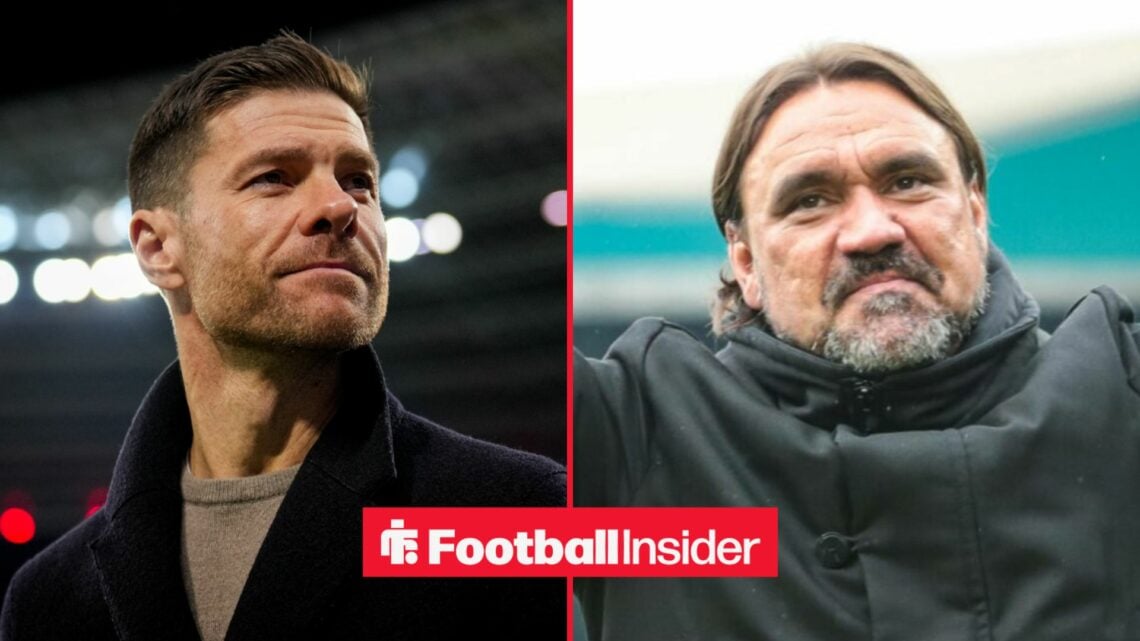 Xabi Alonso on the sidelines at Real Madrid, with Daniel Farke in a circular inset
