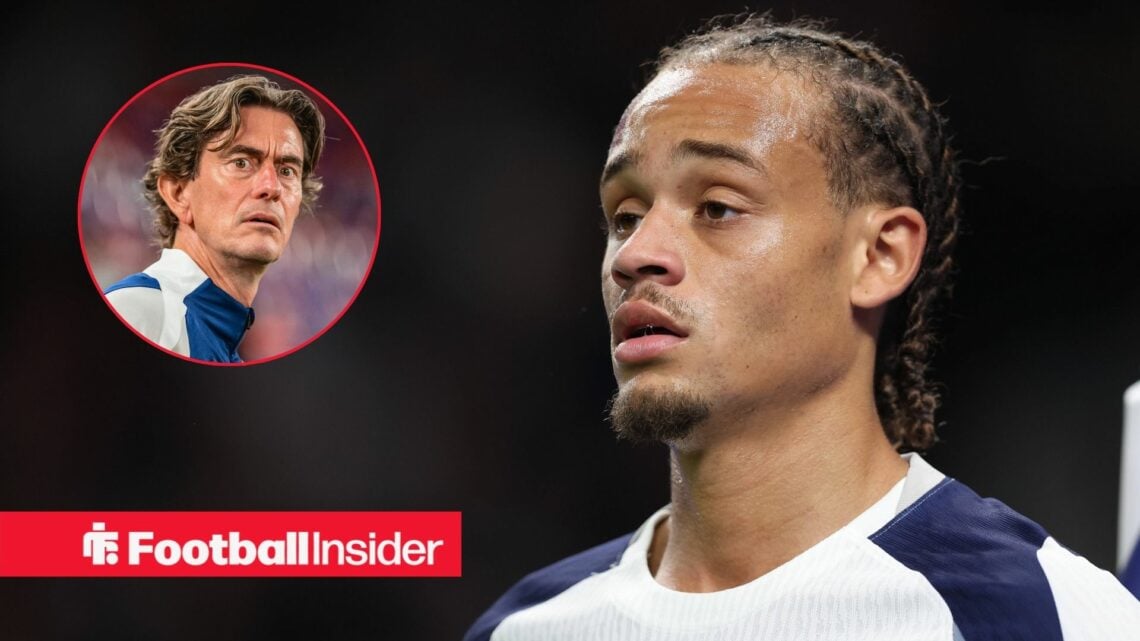 Xavi Simons playing for Tottenham, Thomas Frank in a circular inset