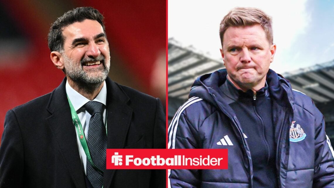 Yasir Al-Rumayyan looking happy with Eddie Howe looking unimpressed