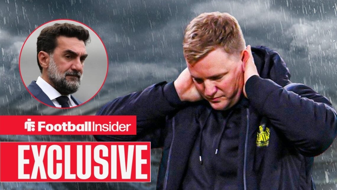 Yasir Al-Rumayyan looking serious on the left with Eddie Howe with his head in his hands