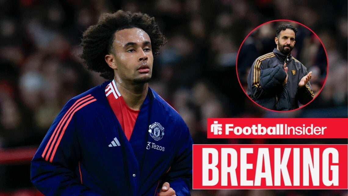 Manchester United's Joshua Zirkzee with Ruben Amorim inset and breaking news banner