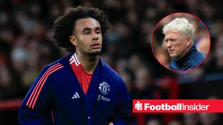 Joshua Zirkzee next to a circular inset of David Moyes