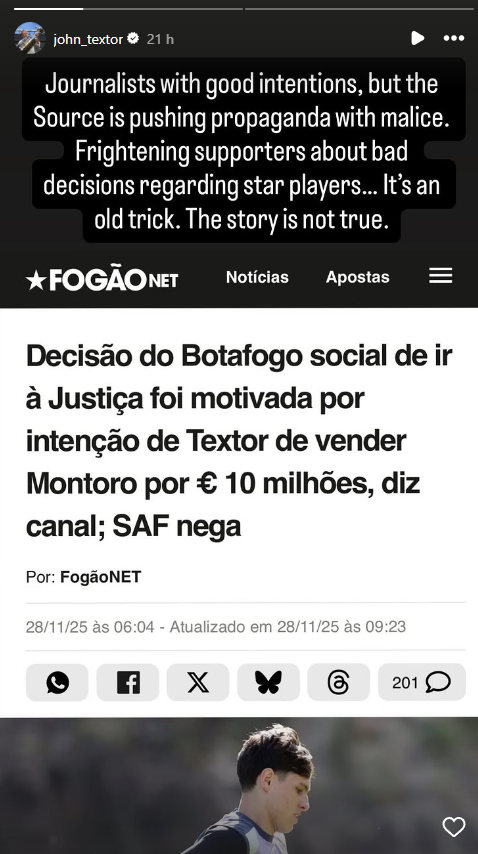 Botafogo owner John Textor writes on Instagram