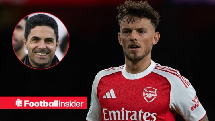 Arsenal defender Ben White with Mikel Arteta smiles inset