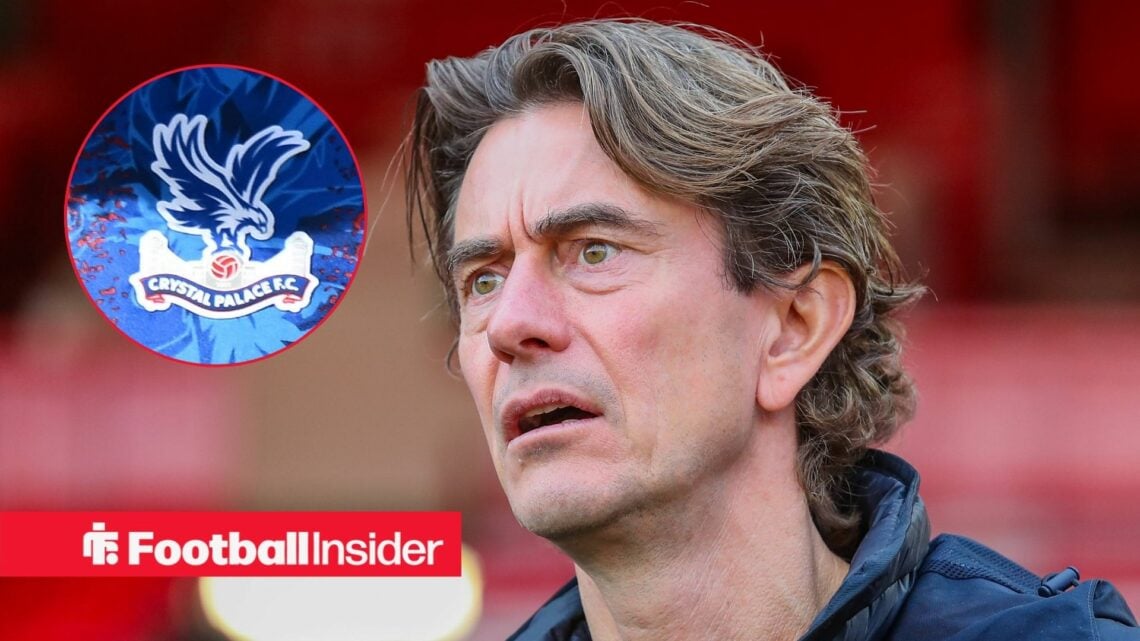 Thomas Frank looking at Crystal Palace badge in circle