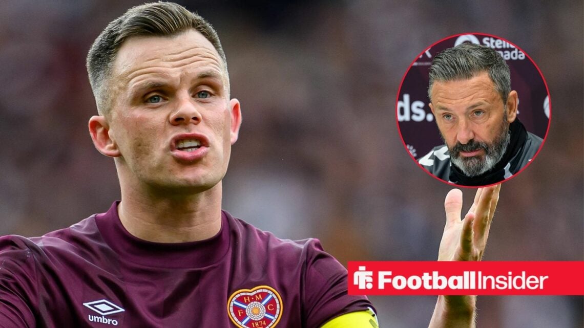Hearts striker Lawrence Shankland with Derek McInnes inset
