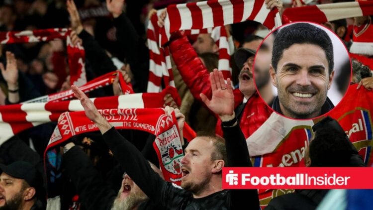 Arsenal fans celebrate with Mikel Arteta smiles inset