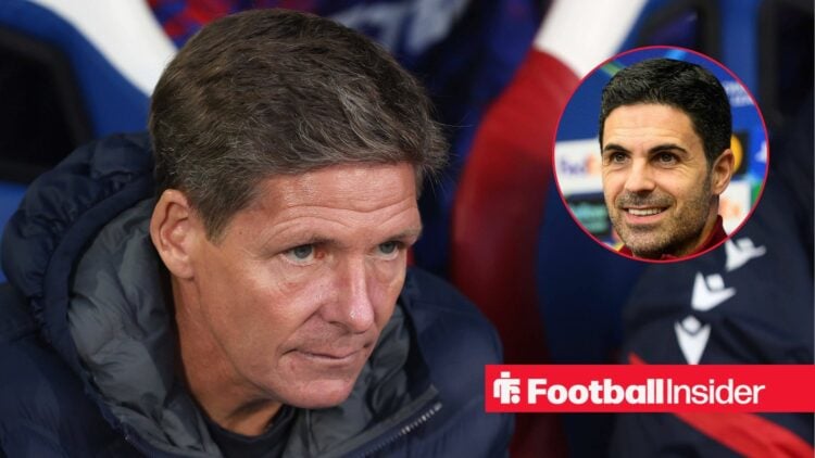 Crystal Palace manager Oliver Glasner with Arsenal manager Mikel Arteta smiles inset