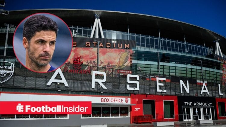 Arsenal's stadium, the Emirates Stadium with Mikel Arteta inset