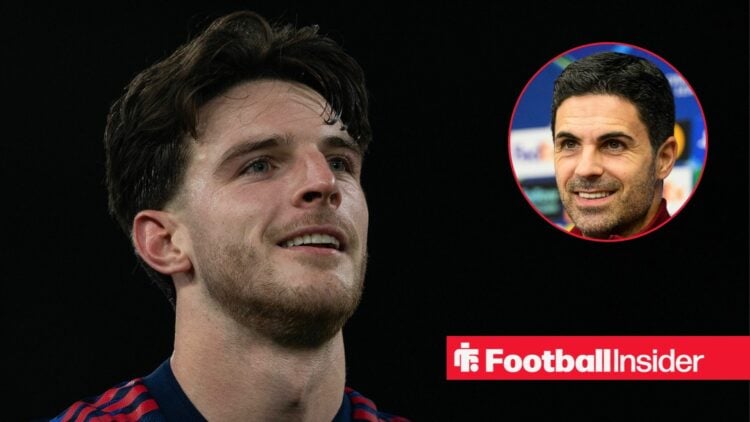 Arsenal midfielder Declan Rice smiles with Mikel Arteta smiles inset