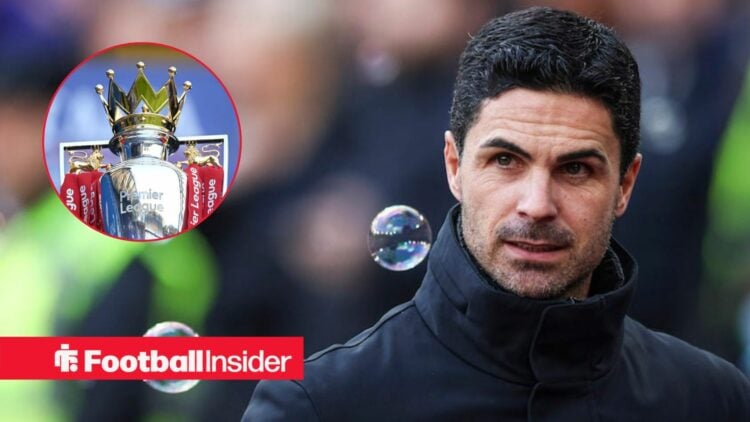 Arsenal manager Mikel Arteta with Premier League trophy inset