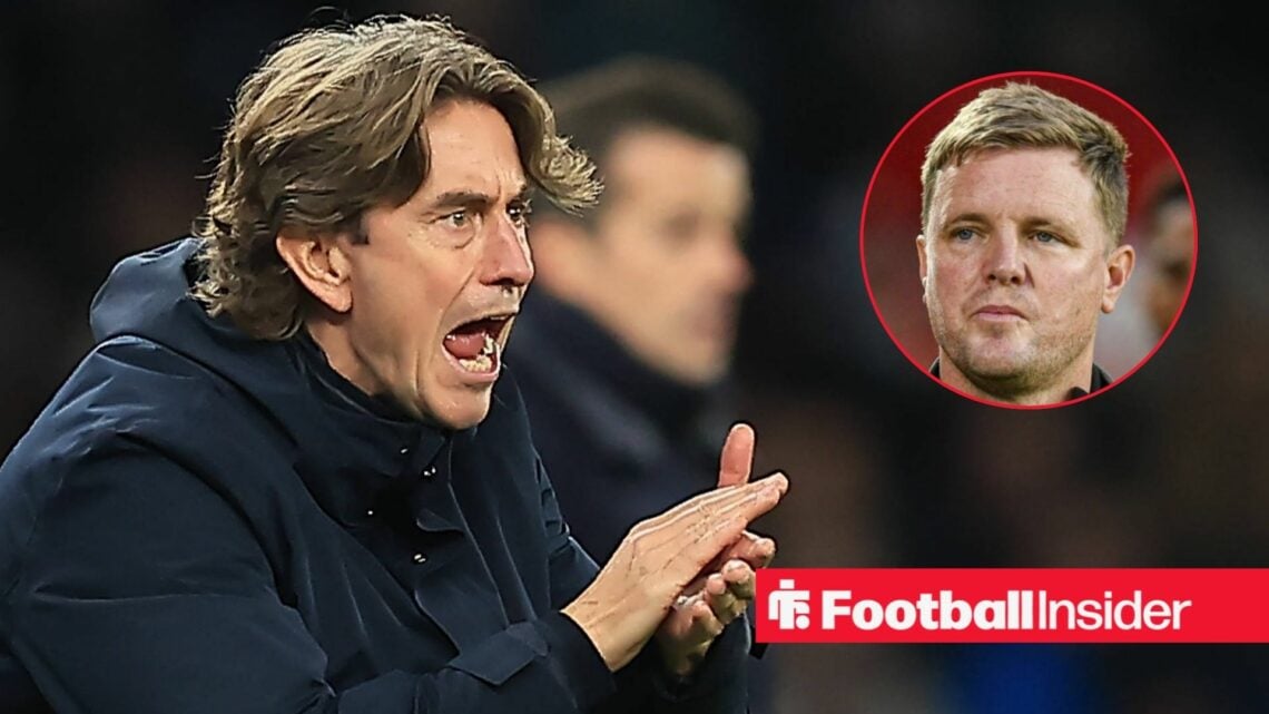 Tottenham manager Thomas Frank claps with Newcastle United manager Eddie Howe inset