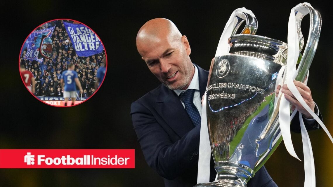 Zinedine Zidane holds the Champions League trophy with Rangers fans inset