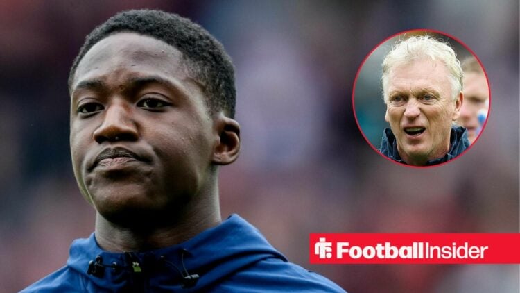 Manchester United midfielder Kobbie Mainoo with Everton manager David Moyes inset