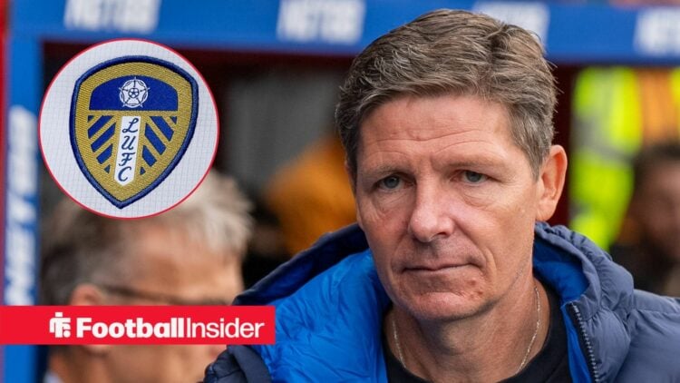 Crystal Palace manager Oliver Glasner with Leeds United badge inset